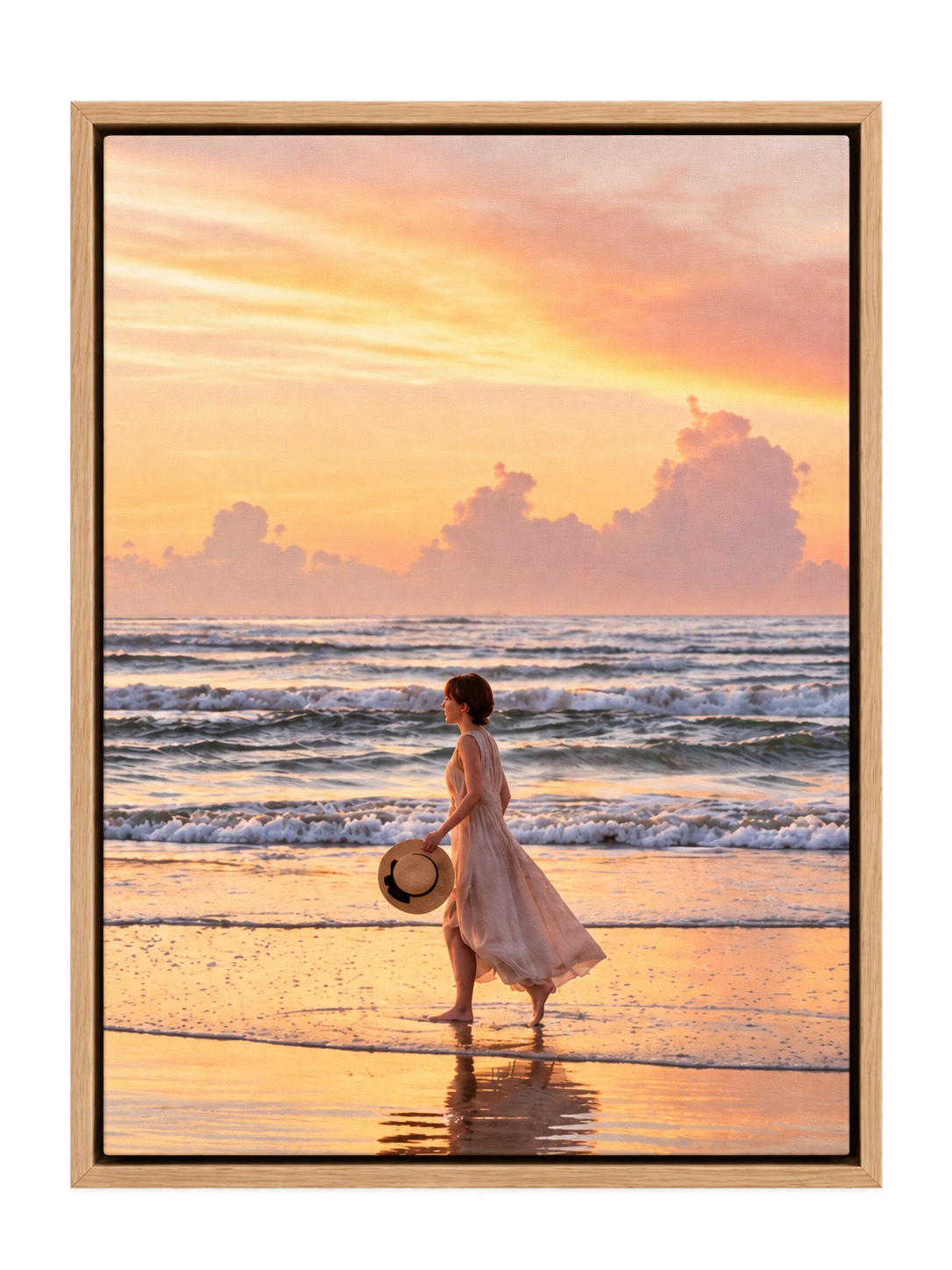 A portrait photo on canvas in a raw oak floating frame