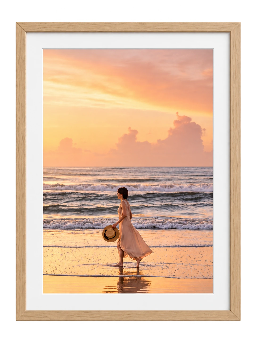 A portrait paper print with a white mat and raw oak frame