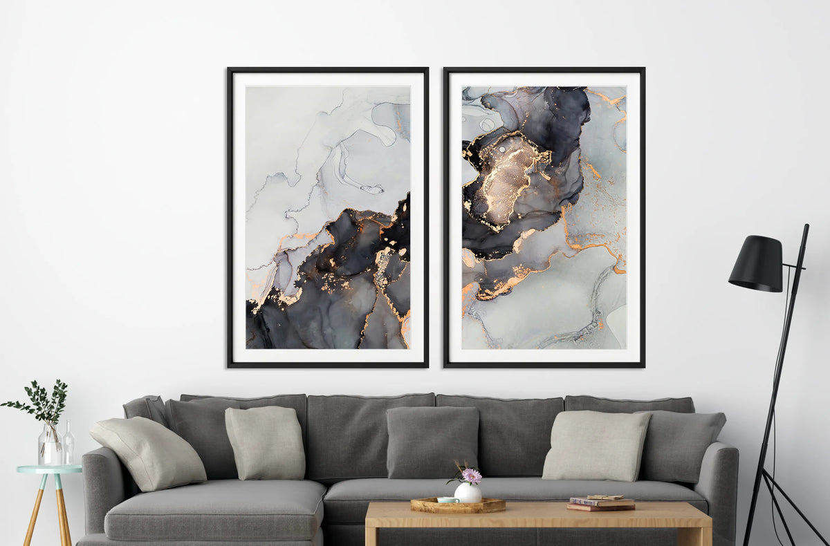 Framely’s existing room example showing two framed artworks above a grey sofa