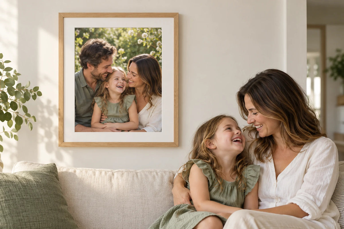 A mother and daughter sharing a happy moment at home beside an oak-framed family photograph
